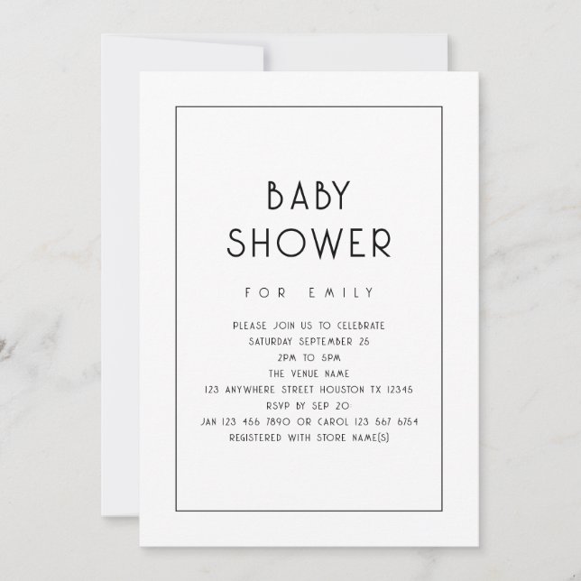 Invitation Bordure simple Baby shower noir et blanc (Devant)