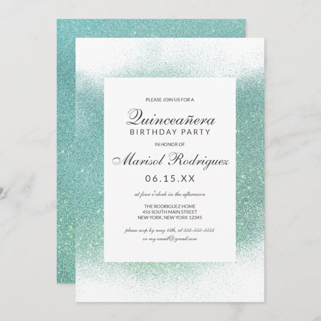 Invitation Bordure Turquoise de poussière de Parties scintill (Devant / Derrière)