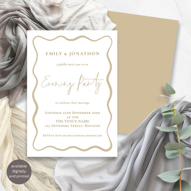 Invitation Bordure Wavy Ligne Gold Script Mariage soirée (Front and back view)