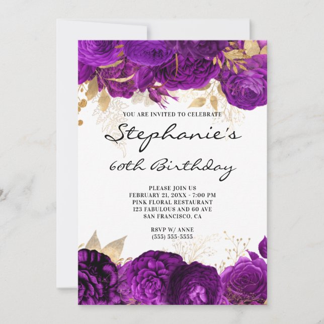 Invitation Bordures florales d'or et de violet 60e anniversai (Devant)