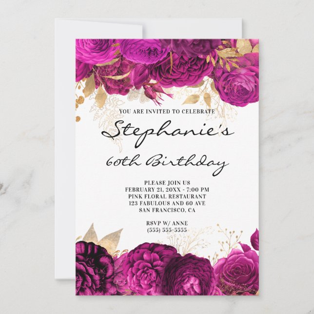 Invitation Bordures florales dorées et roses chaudes 60e anni (Devant)