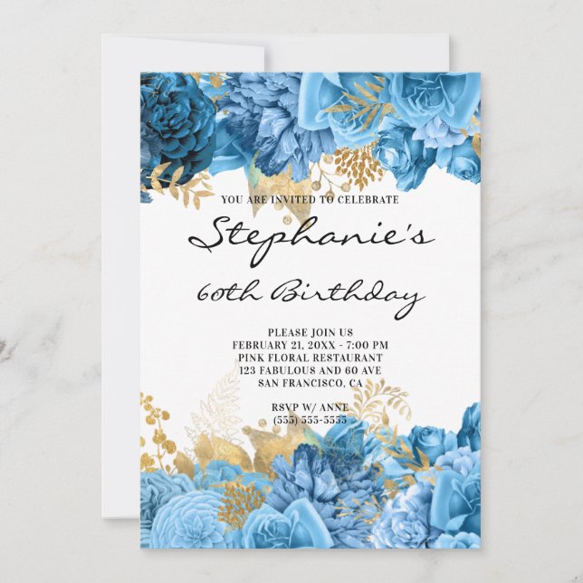 Invitation Bordures florales or et bleu 60e anniversaire (Devant)
