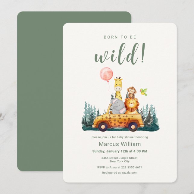 Invitation Born To Be Wild Safari Animals Baby Shower  (Devant / Derrière)