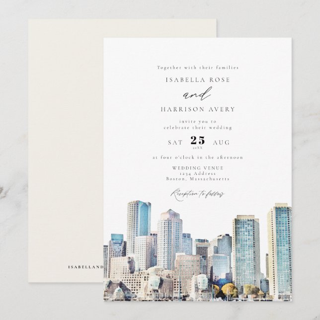 Invitation BOSTON Massachusetts Aquarelle Skyline Mariage dan (Devant / Derrière)