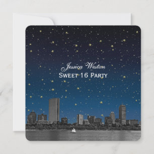Invitation Boston Skyline Blue Starry Etched Sweet 16
