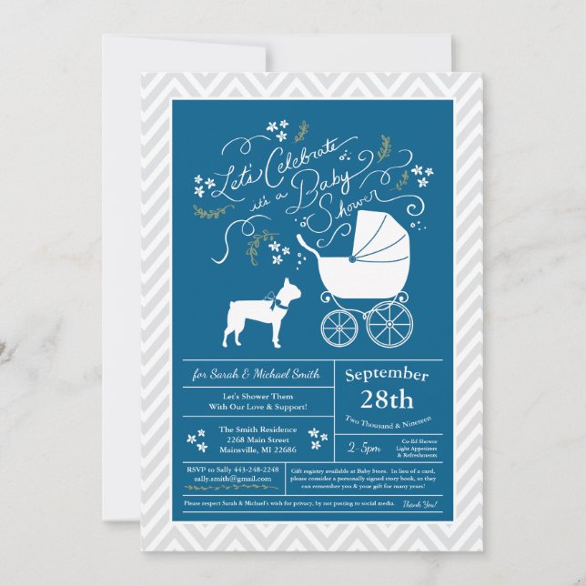 Invitation Boston Terrier Chien Baby shower Blue Boy (Devant)
