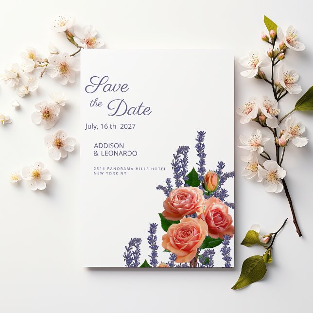 Invitation Botanic lavender peach rose flowers Save the Date  (Botanic lavender peach rose flowers Save the Date )