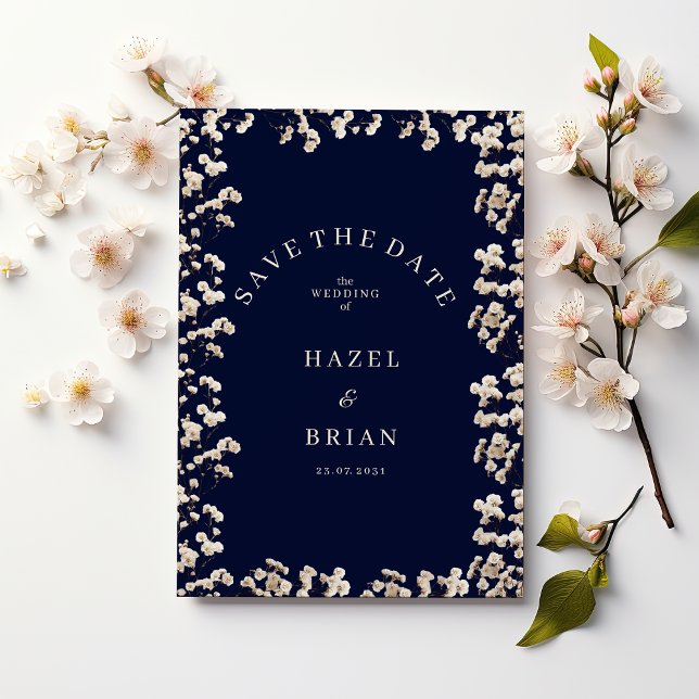 Invitation Botanic navy blue ivory gypsophila Save the Date (Botanic navy blue ivory gypsophila Save the Date)