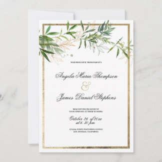 Invitation Botanical elegant white mint gold foliage wedding 