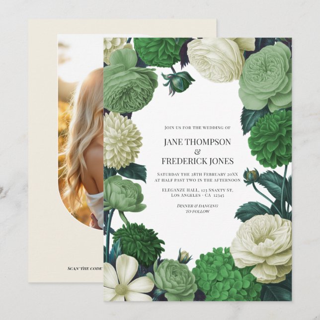 Invitation Botanical Green, Fern Shadow & Ivory Bud Wedding (Devant / Derrière)
