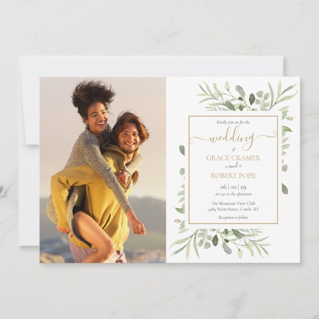 Invitation Botanical Green Photos Gold Script Mariage (Devant)