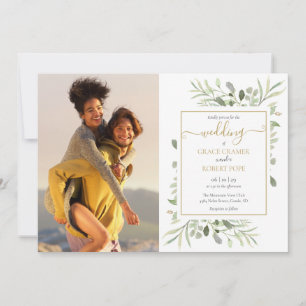 Invitation Botanical Green Photos Gold Script Mariage