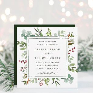 Invitation Botanical Greenery Mariage de Noël Carré