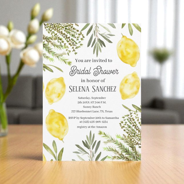 Invitation Botanical Herbs Lemons Watercolor Bridal Shower  (Créateur téléchargé)