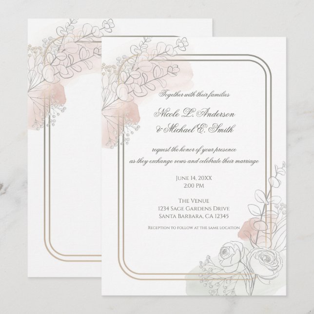 Invitation Botanical Outline Sage & Blush Floral Wedding  (Devant / Derrière)