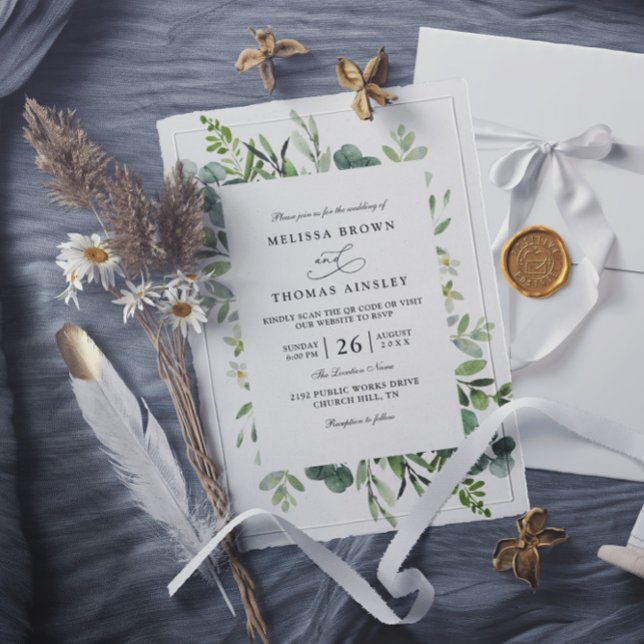 Invitation Botanical Rustic Greenery Elegant QR Code Wedding (Créateur téléchargé)
