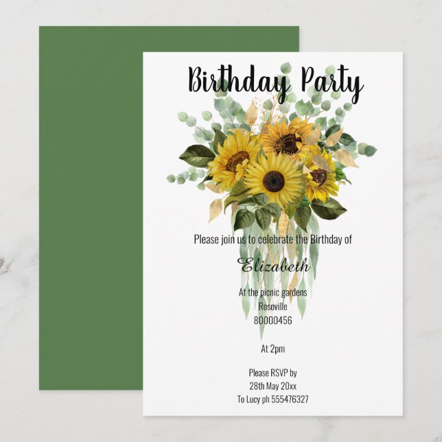 INVITATION BOTANICAL SAGE SUNFLOWWWERS EUCALYPTUS BOUQUET (Devant / Derrière)