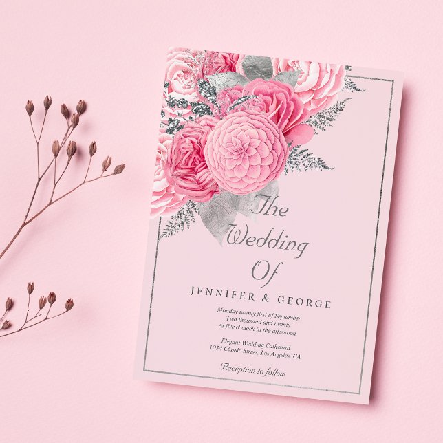 Invitation Botanical silver glitter pink floral wedding  (Botanical silver glitter pink floral wedding)