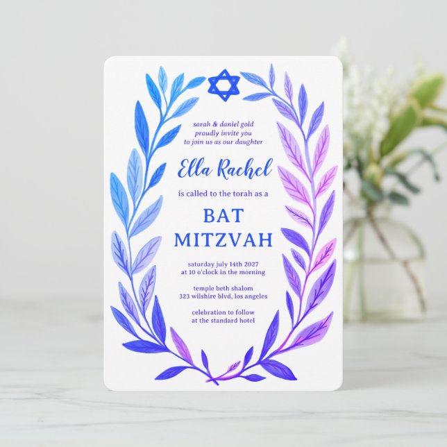 Invitation Botanical Watercolor Star of David Bar Bat Mitzvah (Debout devant)