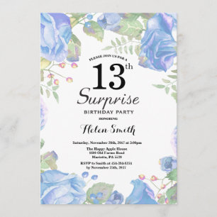 Invitation Botanique Blue Floral Surprise 13e anniversaire