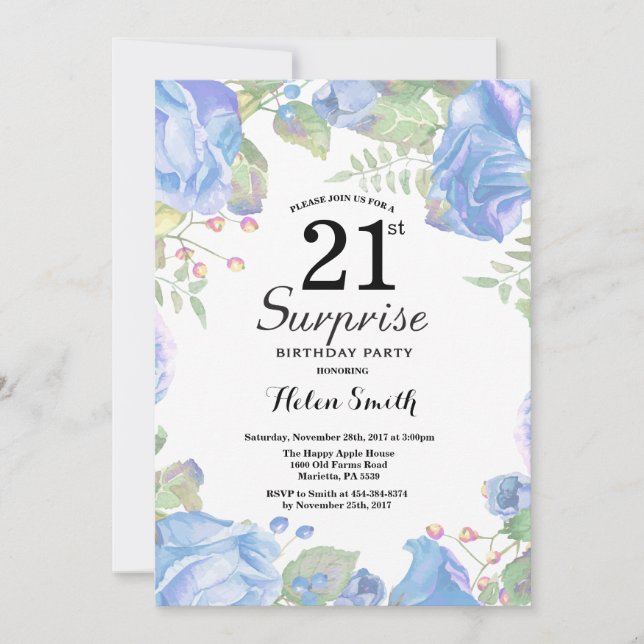 Invitation Botanique Blue Floral Surprise 21e anniversaire (Devant)