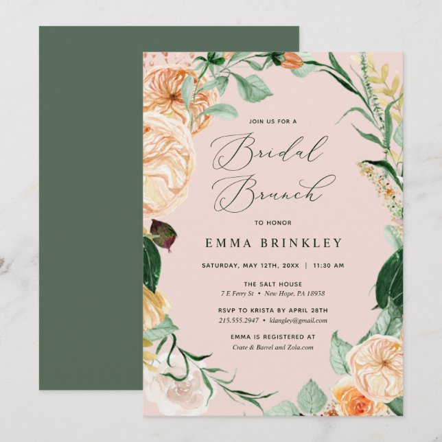 Invitation Botanique Boho Floral Blush Rose Bridal Brunch (Devant / Derrière)