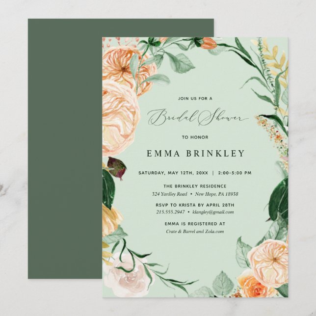 Invitation Botanique Boho Floral Pastel Sage Fête des mariées (Devant / Derrière)