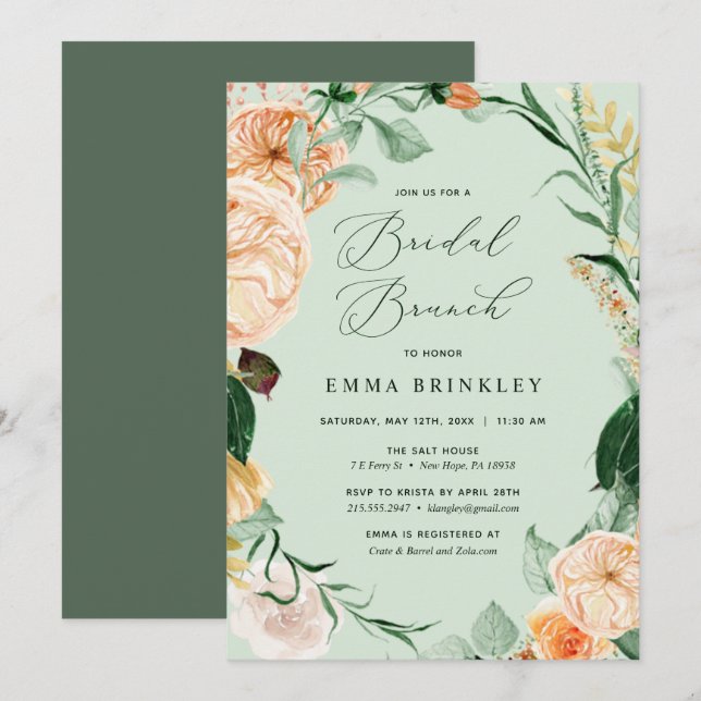 Invitation Botanique Boho Floral Sage Green Bridal Brunch (Devant / Derrière)