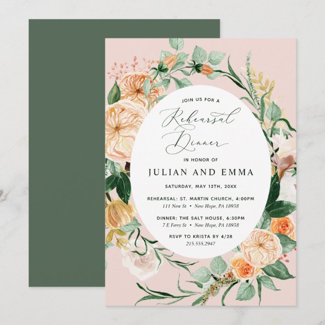 Invitation Botanique Boho Pastel Blush Pink Rehearer Dîner (Devant / Derrière)