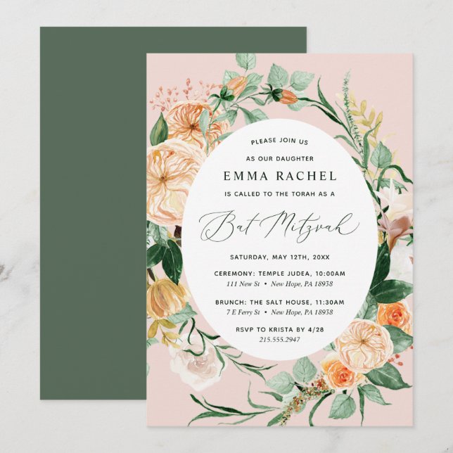Invitation Botanique Boho Personnalisé Bat mitzvah rose pâle (Devant / Derrière)