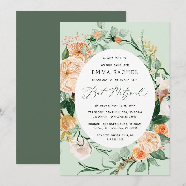 Invitation Botanique Boho personnalisé Sage Bat mitzvah vert (Devant / Derrière)