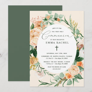 Invitation Botanique Boho personnalisée Pêche communion fille