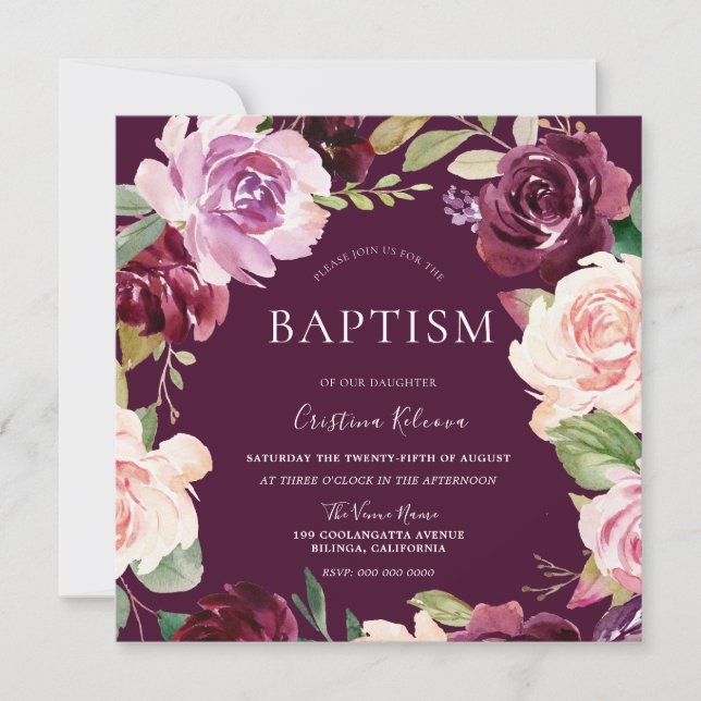 Invitation Botanique Burgundy Aquarelle Baptême Bébé (Devant)