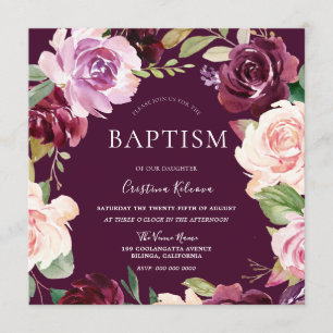 Invitation Botanique Burgundy Aquarelle Baptême Bébé