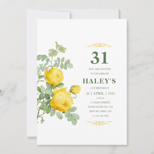 Invitation Botanique Chic Jaune & Vert Floral 31e anniversair (Devant)