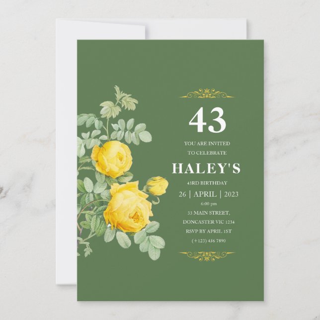 Invitation Botanique Chic Jaune & Vert Floral 43e anniversair (Devant)