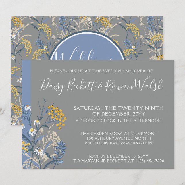 Invitation Botanique Daisy Jaune et Wedding shower de marine (Devant / Derrière)
