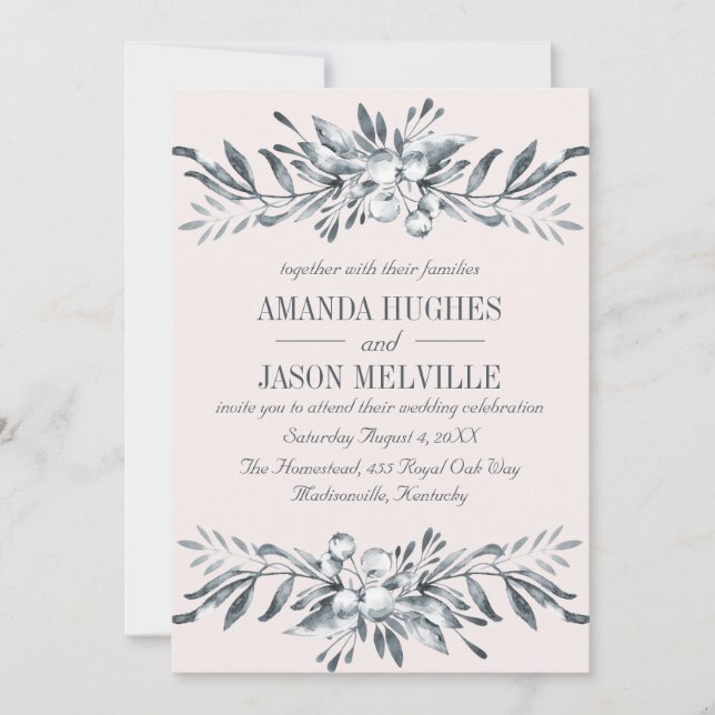 Invitation Botanique d'argent | mariage de couronne florale P (Devant)