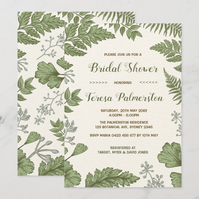 Invitation botanique de Fête de la mariée de forêt (Devant / Derrière)