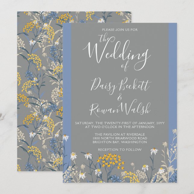 Invitation Botanique de marguerite Floral Jaune & Mariage ble (Devant / Derrière)