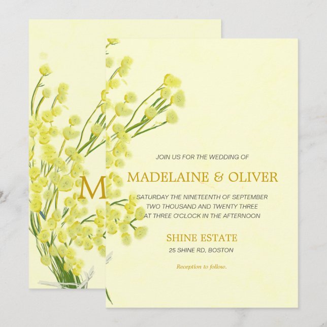 Invitation Botanique de Wattle Jaune Simple Mariage moderne (Devant / Derrière)
