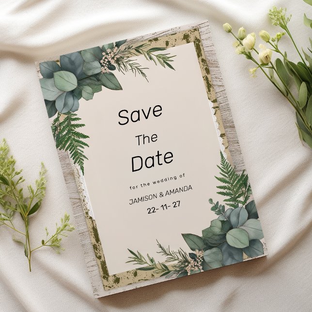 Invitation Botanique d'eucalyptus rustique Sauvez la date (Rustic eucalyptus botanical greenery Save The Date )