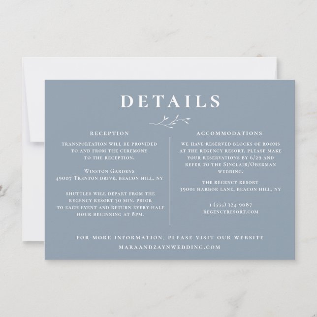 Invitation Botanique Dusty Blue Détails du Mariage (Devant)