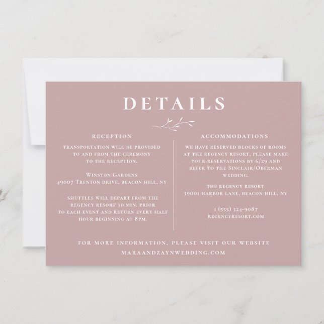 Invitation Botanique Dusty Mauve Rose Détails Mariage (Devant)
