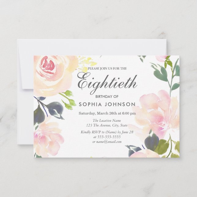 Invitation Botanique Élégant Floral 80e Anniversaire Invitati (Devant)