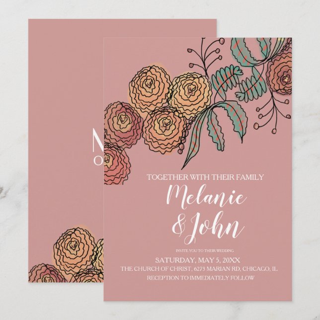 Invitation Botanique Floral Carnation Mariage de verdure (Devant / Derrière)