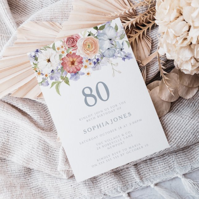 Invitation Botanique Floral Dusty Bleu 80e fête d'anniversair (Créateur téléchargé)