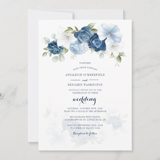 Invitation Botanique Floral Dusty Blue Script Mariage (Devant)