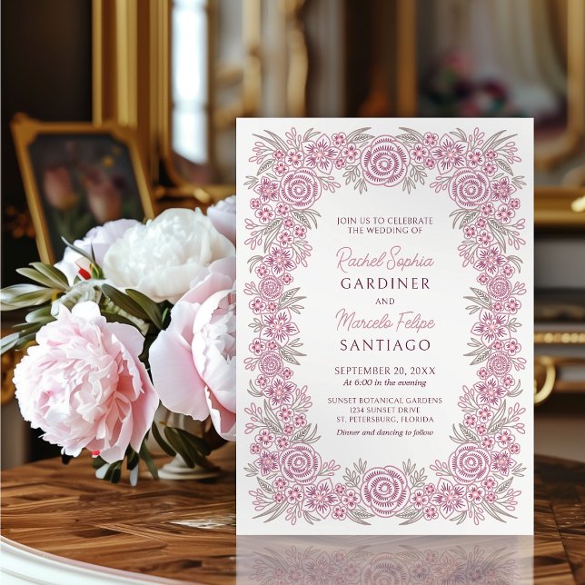 Invitation Botanique Floral Dusty Rose Blush Bourgogne Mariag (Créateur téléchargé)