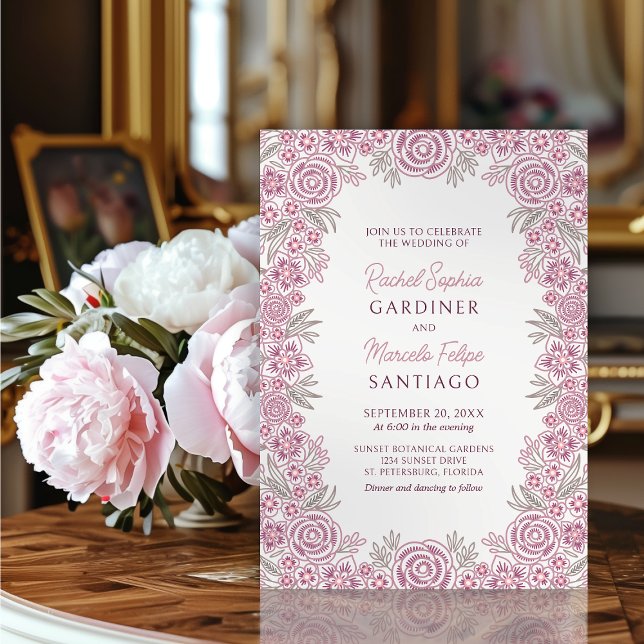 Invitation Botanique Floral Dusty Rose Blush Bourgogne Mariag (Créateur téléchargé)